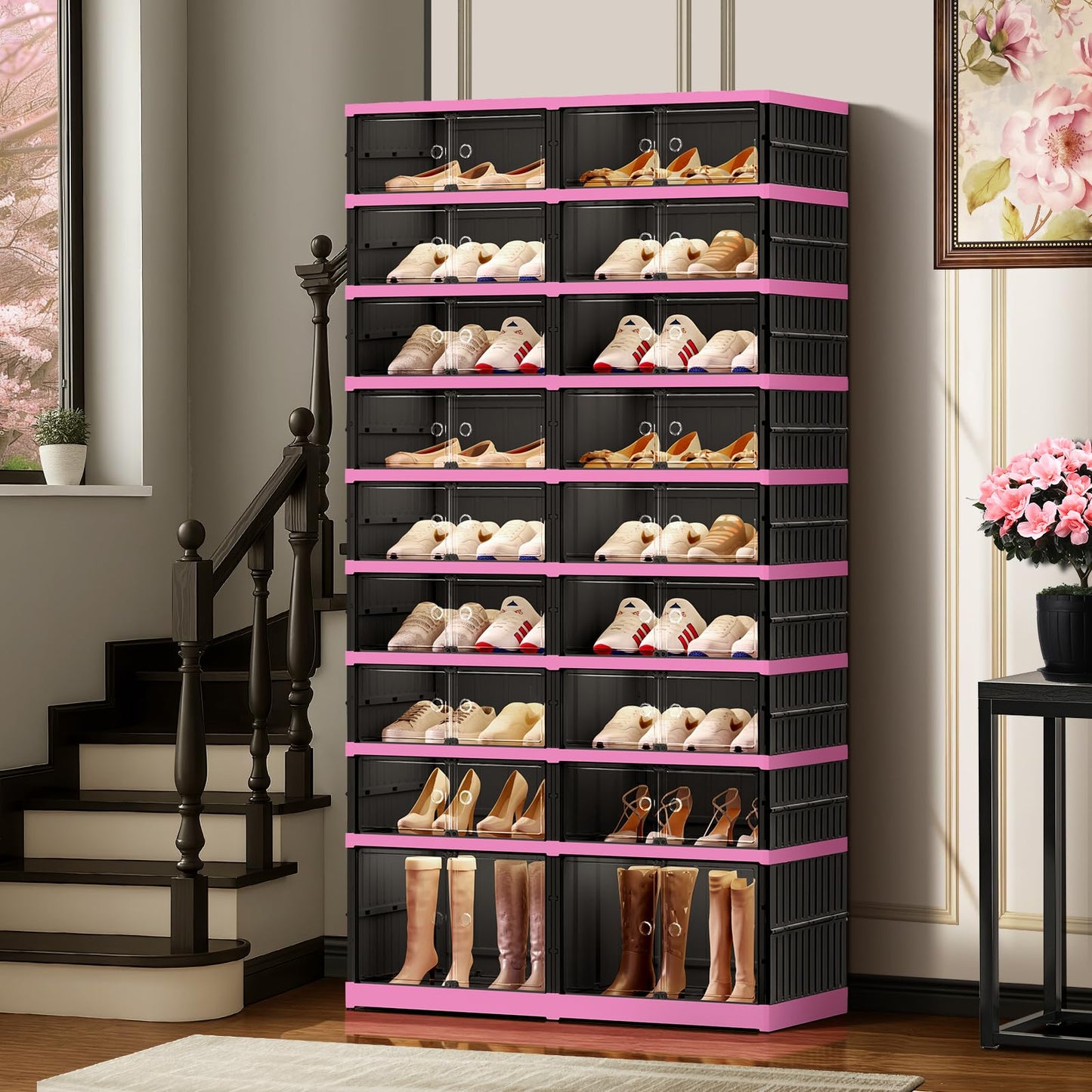 CIMLORD 9-Tier Foldable Shoe Rack Organizer for Closet,36 Pairs Collapsible Plastic Shoe Shelf,Large Shoes Cabinet with Door,Clear Stackable Storage Box Easy Assembly（Black-pink）