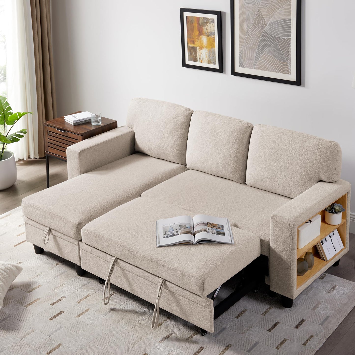 RedLemon 80” Sleeper Sofa Bed,L-Shaped Convertible Sectional Couch with Storage Chaise,2 Built-in Bookshelves and USB Charging Port - Comfy Sofa for Living Room, Apartment, Beige