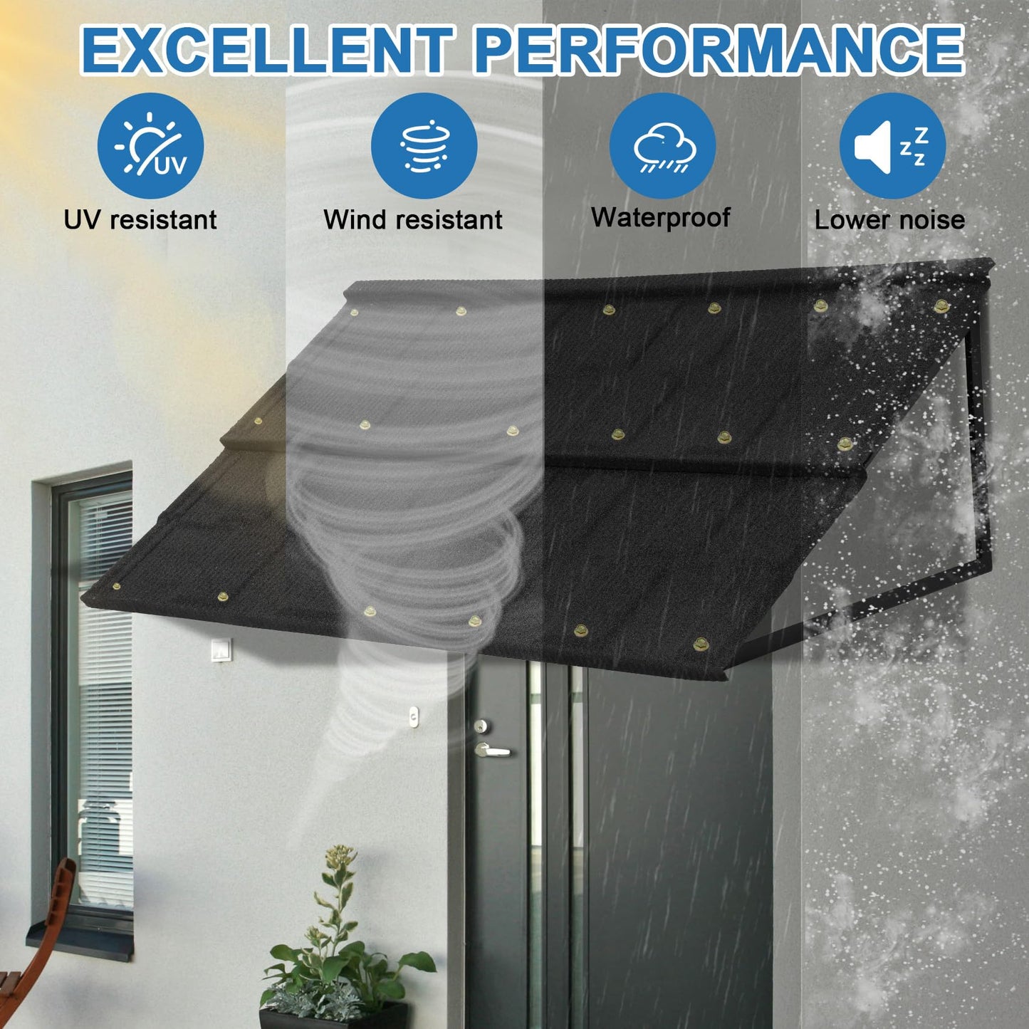 Fixed Metal Awnings 52in W x 31in H, Heavy-Duty Triangle Steel Frame with Tile-Design Metal Awning for Doors, Windows, Porches, Balconies (Black)