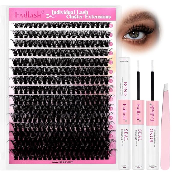 FADLASH Lash Extension Kit 50D Lash Clusters D Curl Lash Cluster Kit DIY Eyelash Extension Kit with Lash Bond and Seal Lash Tweezer Cluster Lashes (Kit, 50D-07D-Mix8-20)