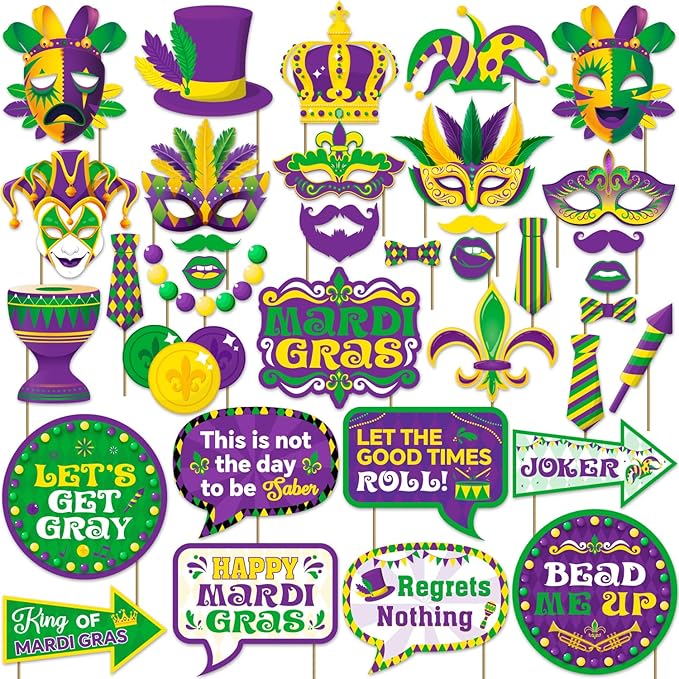 36pcs Mardi Gras Photo Booth Props, Mardi Gras Decorations, Masquerade Photo Booth Props for New Orleans Party Decorations
