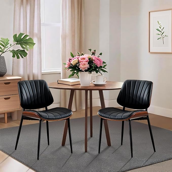 IDEALHOUSE Dining Chairs Set of 2, Mid Century Modern Dining Room Chair, Upholstered PU Leather Kitchen Chairs with Walnut...