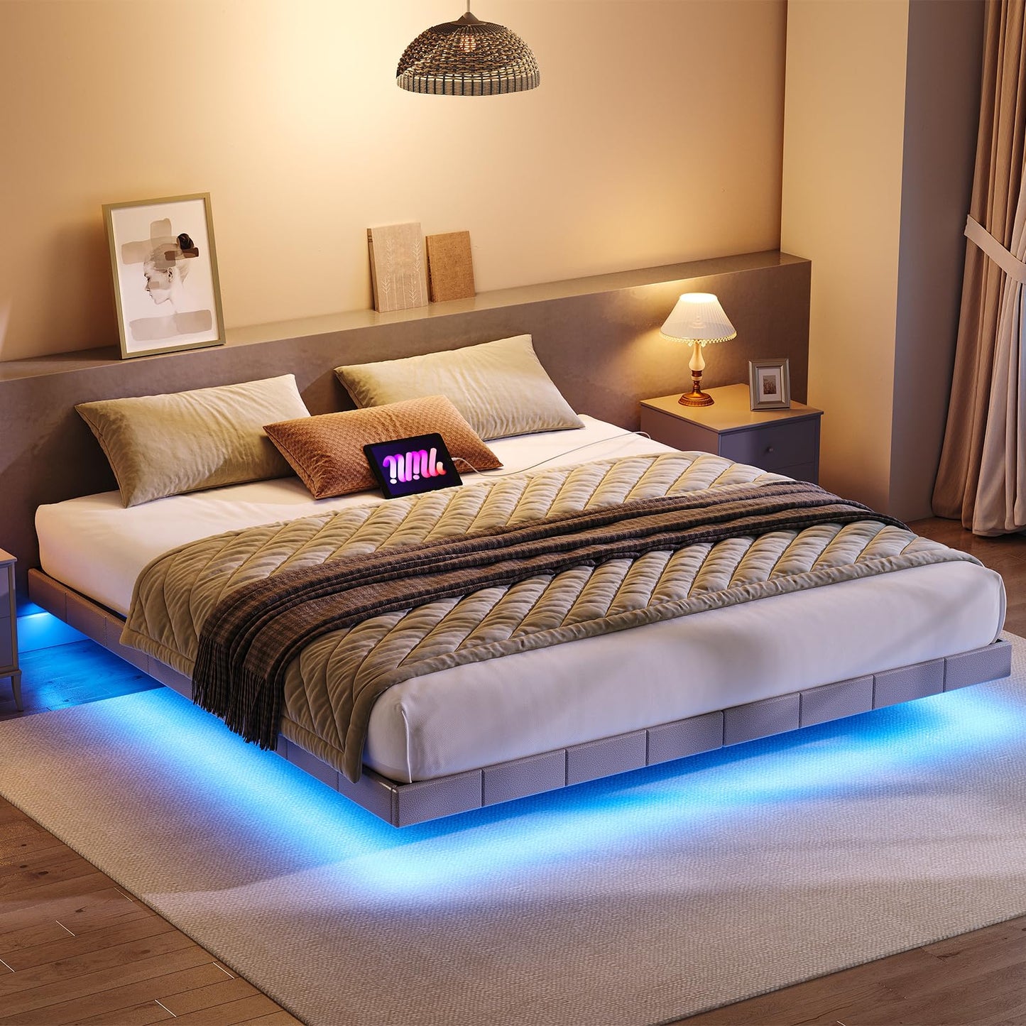 HOOBRO King Size Floating Bed Frame with LED Lights and Charging Station, Upholstered Platform Bed Frame King Size, Modern Metal Floating Bed Frame King, No Box Springs Needed, Grey