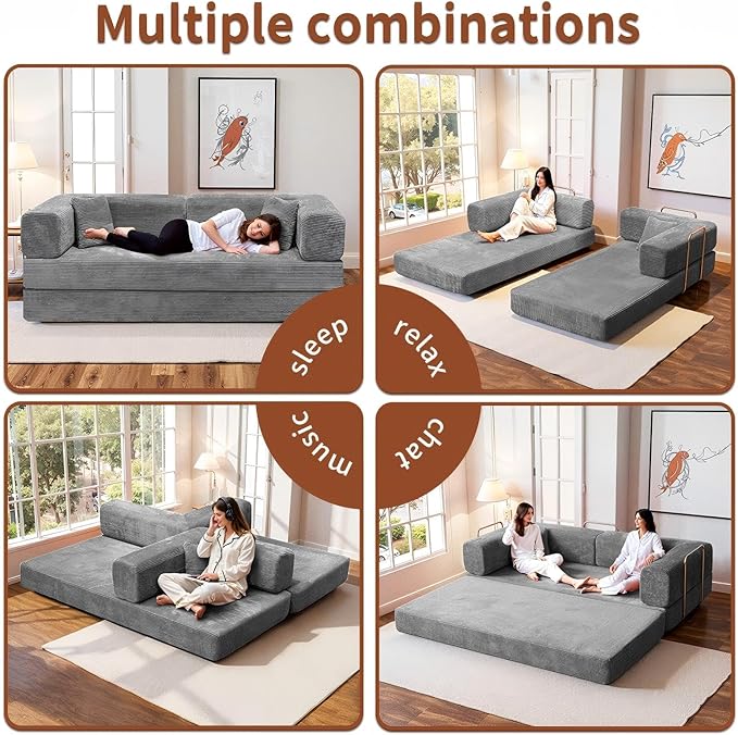 Kelyda 79 Inch Convertible Sofa Bed Couch in Box, 5 in 1 Folding Modular Boneless Couch with Pull Out Bed 2 Pillows, Soft Corduroy Floor Futon Lounge Loveseat Sleeper Lazy Cama No Assembly Light Grey