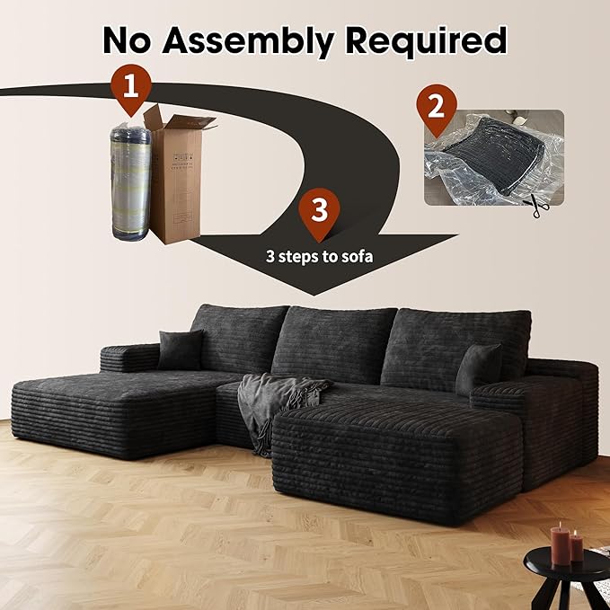 AUGOP 108" Sectional Couches for Living Room Modern Modular Sofa with L-Shape Couchs Upholstered Boneless Couch Deep Seat Sectional Couch with Chaise (Black, Left Facing Chaise+2Seaters+1Ottoman)