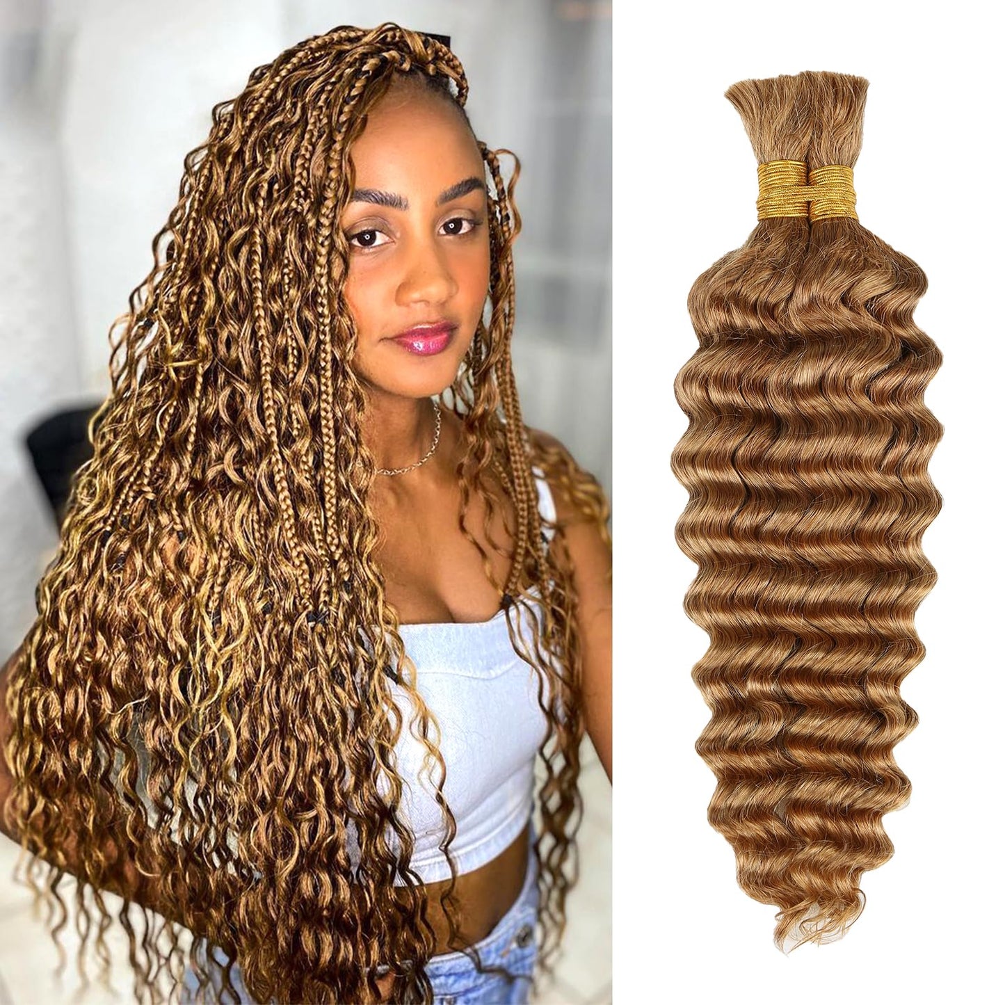 Honey Human Braiding Hair Deep Wave Bulk,27# Color No Weft Curly Braiding Hair Extensions for Boho Braids Wet and Wavy Braiding