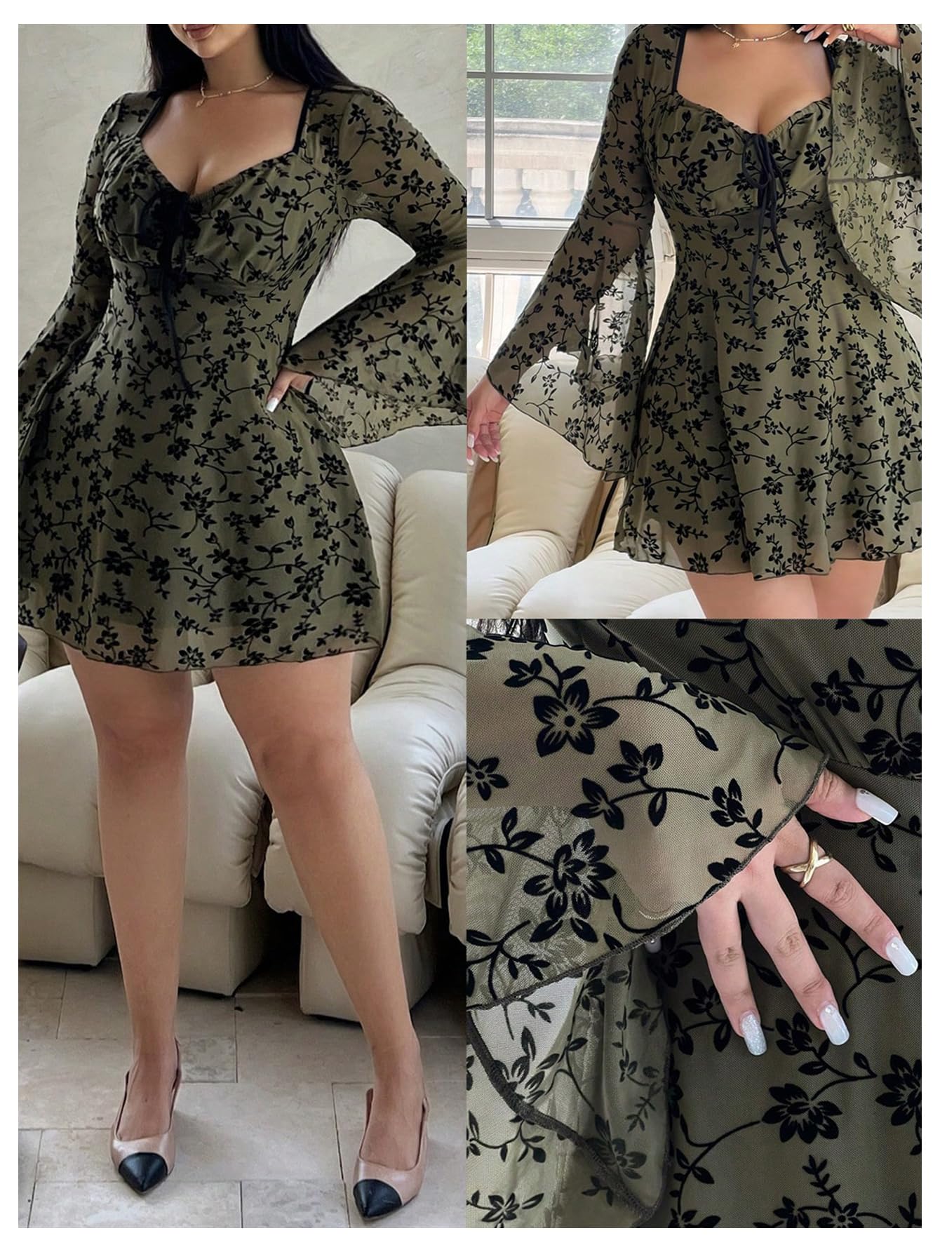 Floerns Women's Plus Size Floral Gothic Dress Flare Long Sleeve Mesh Grunge A Line Dress Army Green Large Plus