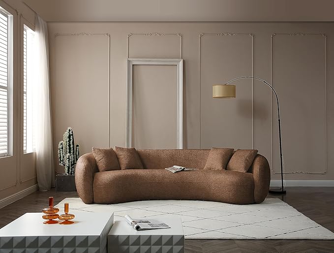 KEIKI 103" Boucle Half Moon Curved Sectional Sofa with 4 Throw Pillows, Modern 5-Seater Teddy Fleece Leisure Couch with Curved Backrest, Easy Assembly, for Living Room, Bedroom, Brown