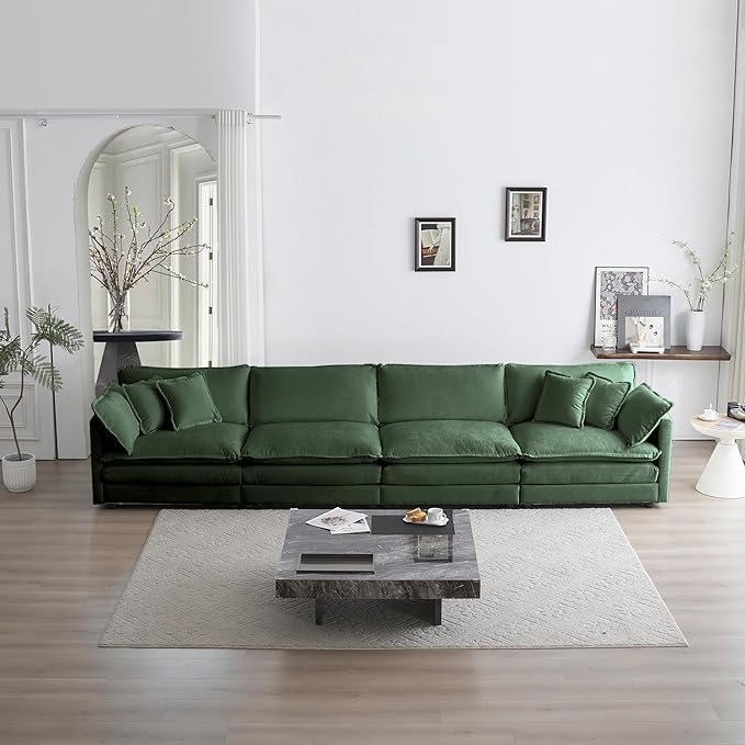 mikibama Luxury Modular Sectional Sofa, 146.5" Modern Chenille Comfy Cloud Couches for Living Room Office, 4 Seater Deep Sofa with 2 Armrest Pillows and 4 Toss Pillows, Evergreen