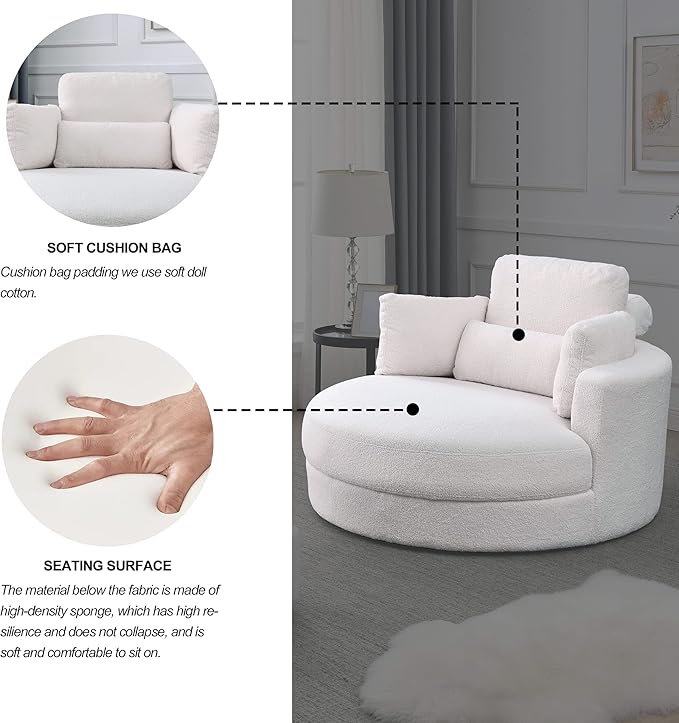 Yoglad Modern Swivel Accent Round Chair, Barrel Sofa with Storage Ottoman, Oversize Lounge Chair, Linen Fabric Round Chair with Pillows, for Living Room, Office (Lvory, 51")