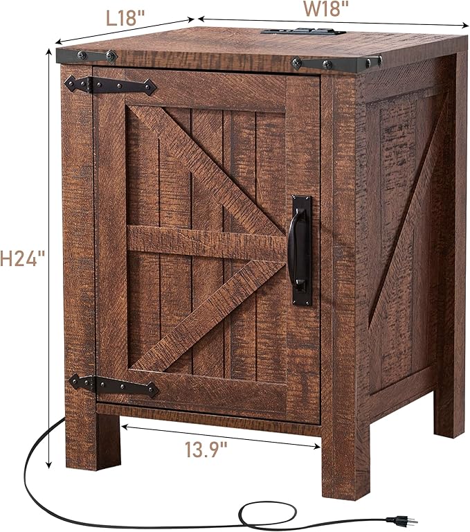 OKD Nightstand w/Charging Station, 18 Inch Farmhouse End Table w/Barn Door and Adjustable Storage Shelf, Rustic Wood Sofa Side Table w/Magnetic Door for Living Room, Bedroom, Reclaimed Barnwood Color