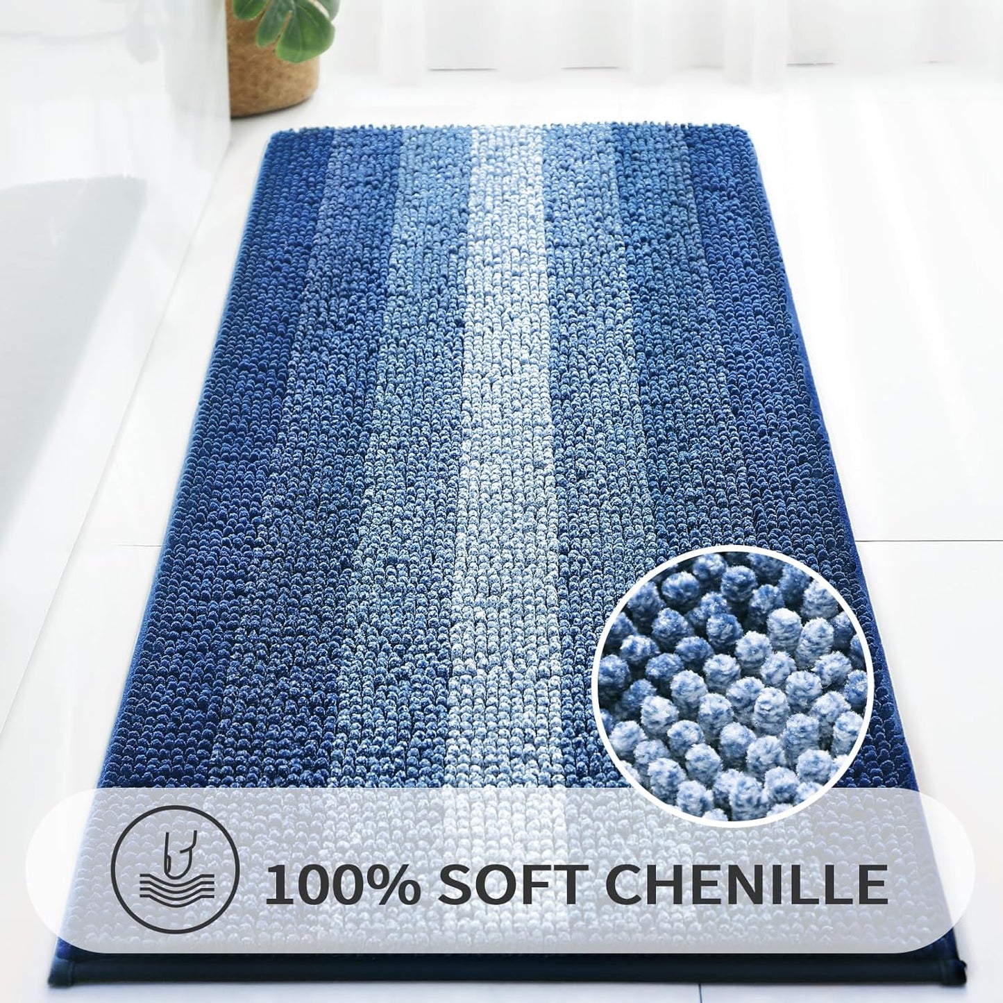 Gibelle Long Bathroom Rugs, Luxury Chenille Bath Mat, Small Non Slip Shower Rug and Bath Room Floor Mats, Machine Washable, Quick Dry Bathmat, Soft Cozy Plush Rug for Tub, 20" x 47", Blue