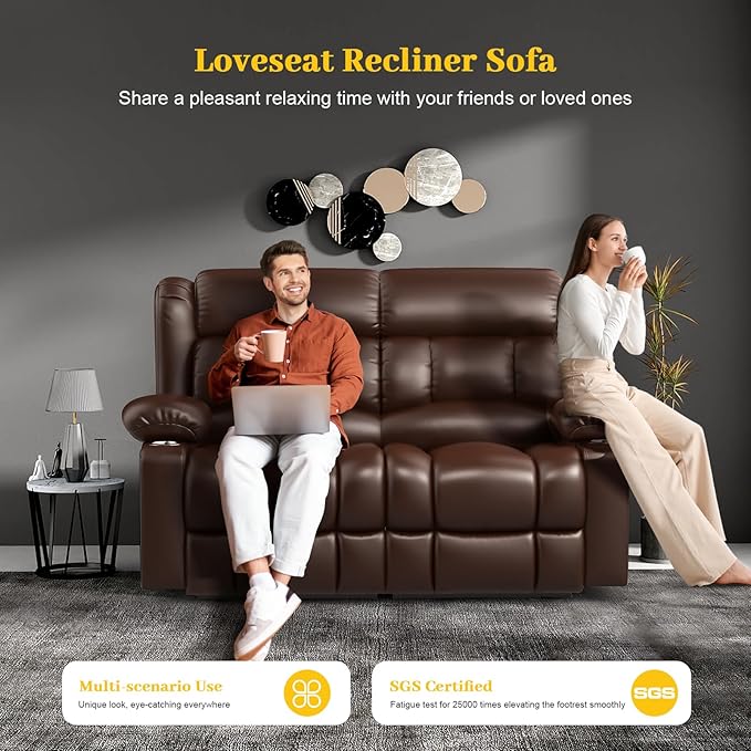 FURNIMAT New Loveseat Recliner Sofa, 2 Seater Reclining Loveseat Sofa, PU Leather Dual Recliner Chair, Modern Loveseat Couch for Living Room, with Cup Holder and USB Ports, Brown