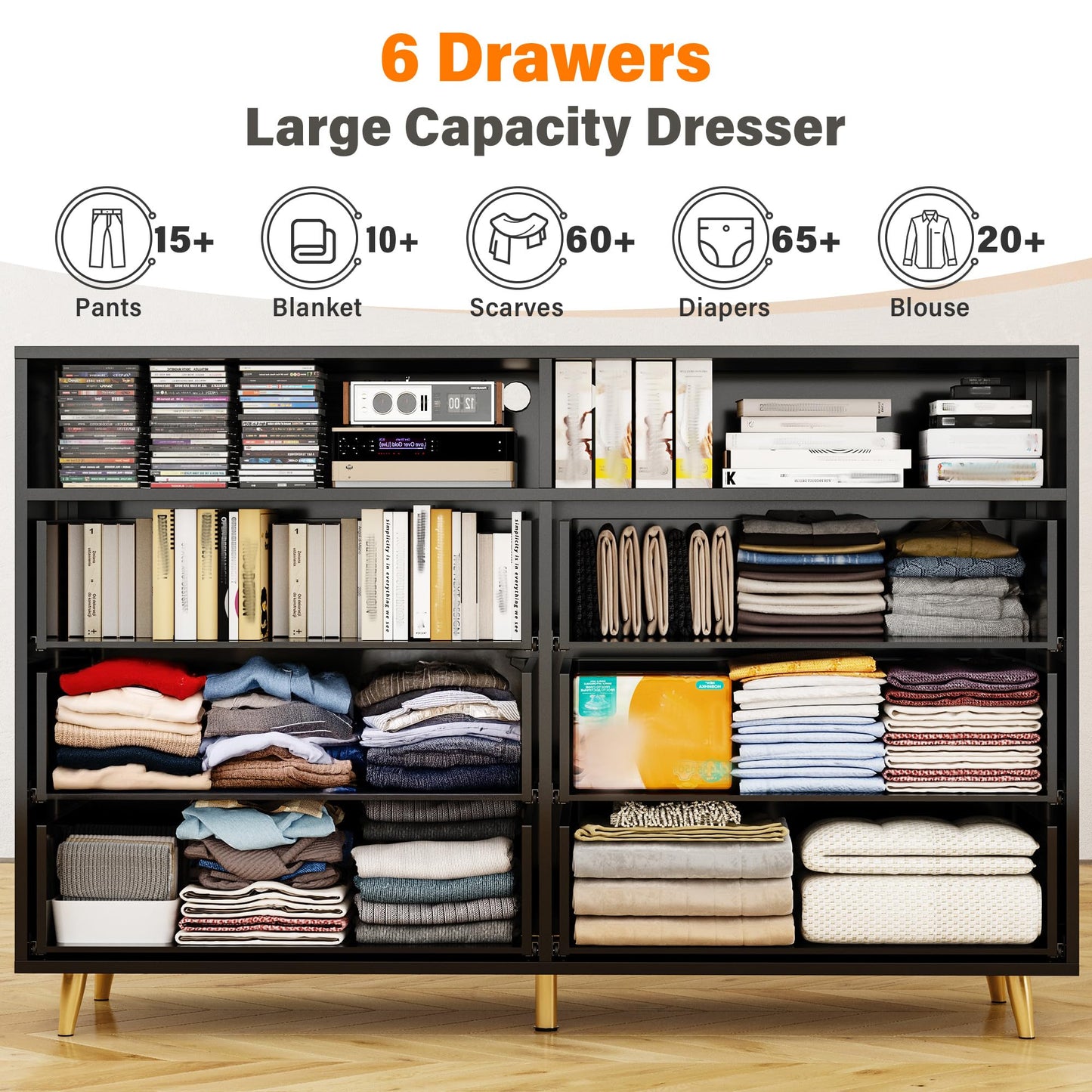 Black Dresser with LED Lights, Wood Dresser for Bedroom with 6 Wide Large Drawers,2 Open Shelves Top, Elegant Chest of Drawers for Clothes Storage Living Room Hallway Entryway, 47.2" W