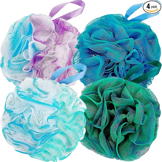 Fu Store Loofah Sponge Shower Loofahs 80g Bath Sponges Mesh Balls 4 Colors Body Scrubber Exfoliator Wash Back Scrubber Bathroom Men Women 4 Pack Scrubbers Cleaning Bathing Accessories