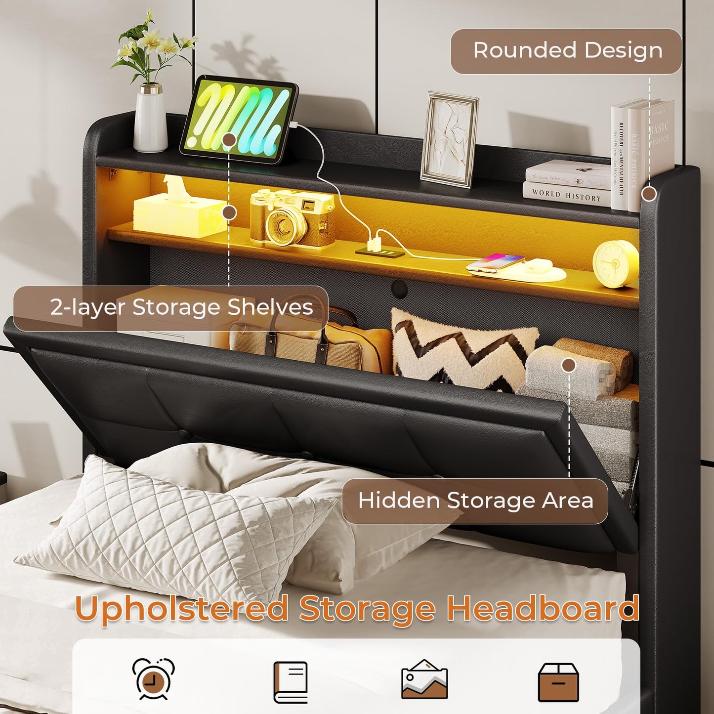 Twin Size Floating Bed Frame with Tufted Storage Headboard, LED Upholstered Platform Bed with 4 Charging Ports, Black Pu Leather Bed, No Box Spring Needed, Wood Slats