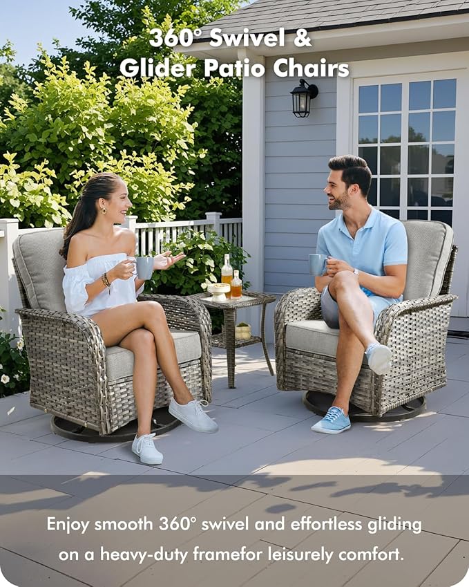 7-Piece Wicker Patio Furniture Set, All-Weather Rattan Conversation Bistro Loveseat Chair and Patio Rockers Set for Backyard, Balcony and Deck with Soft Cushions and Metal Table(Dark Gray)