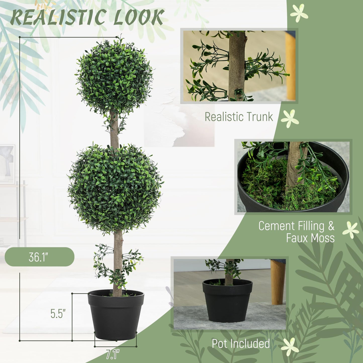 HOMCOM Artificial Plants Topiary Ball-Shaped Boxwood Trees in Pot Set of 2 Fake Plants for Home Indoor Outdoor Front Porch Decor, 36 Inch, Green