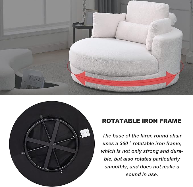 Yoglad Modern Swivel Accent Round Chair, Barrel Sofa with Storage Ottoman, Oversize Lounge Chair, Linen Fabric Round Chair with Pillows, for Living Room, Office (Lvory, 51")