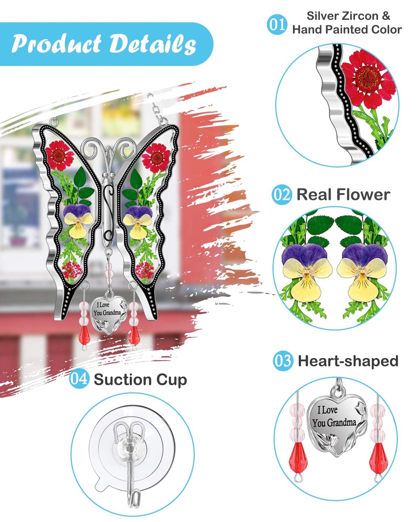 KY&BOSAM Gifts for Women I Love You Grandma Butterfly Suncatcher Stained Glass Suncatchers for Window Hanging Home Decor Garden Wind Chimes Birthday Gifts for Women Mothers Day Valentine's