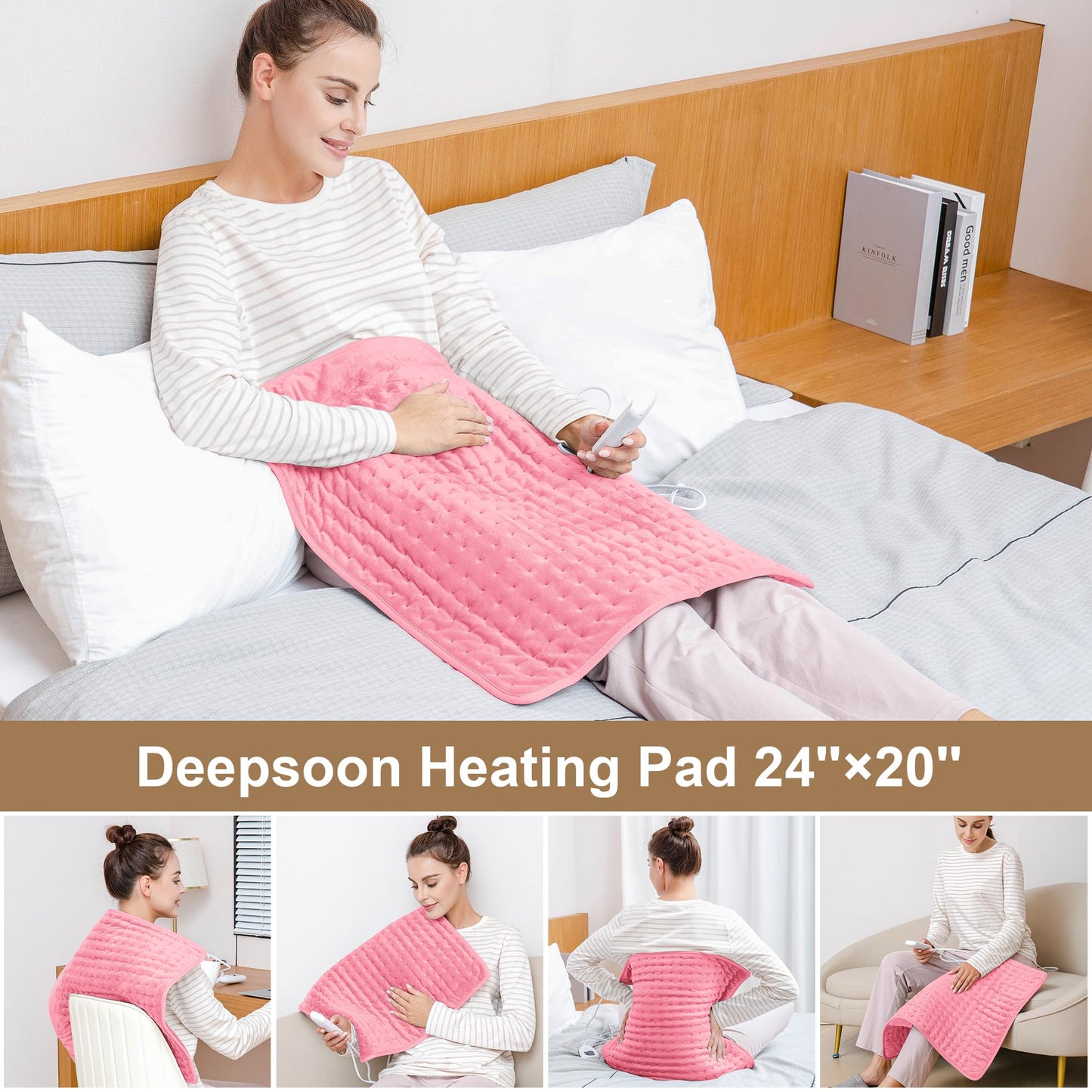 Deepsoon Heating Pad,Electric Heating Pads for Back,Neck,Abdomen,Moist Heating Pad for Shoulder,Knee,Arms,Legs,Dry/Moist Heat & Auto Shut Off,Christmas Gifts for Men and Women,BabyPink,24x20 Inch