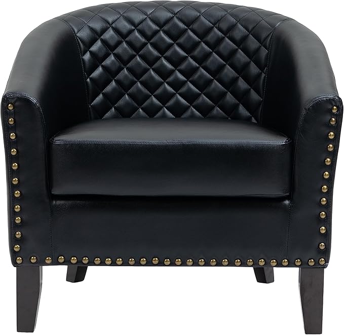 UIXE Faux Leather Barrel Accent Chairs Set of 4, Modern Club Upholstered Arm Chair, Comfy Armchair Nailed Trim Living Room Single Sofa Reading Seat Bedroom Side Sitting for Office, Black
