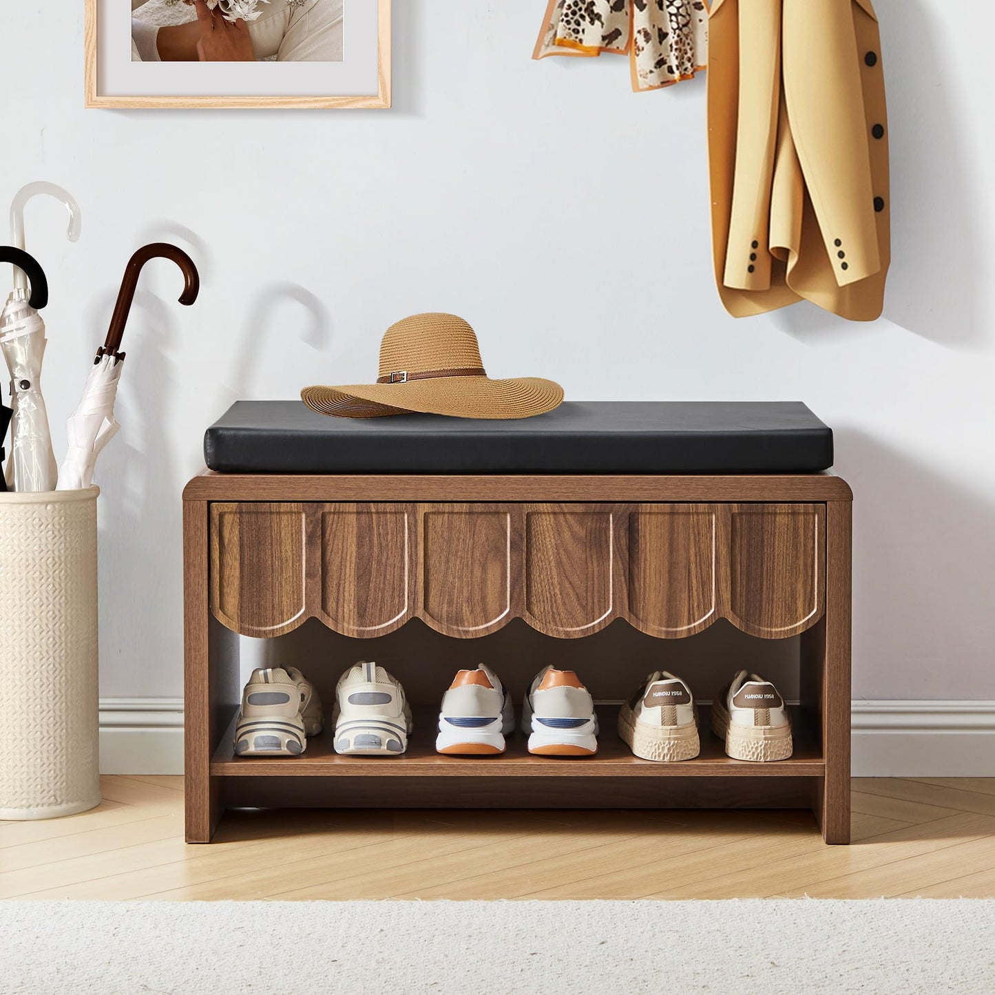 Shoe Storage Bench with Cushion, Shoe Rack Organizer Cabinet Bench with Wave Panel Drawer and Open Shelf for Entryway, Hallway, Living Room (Walnut)