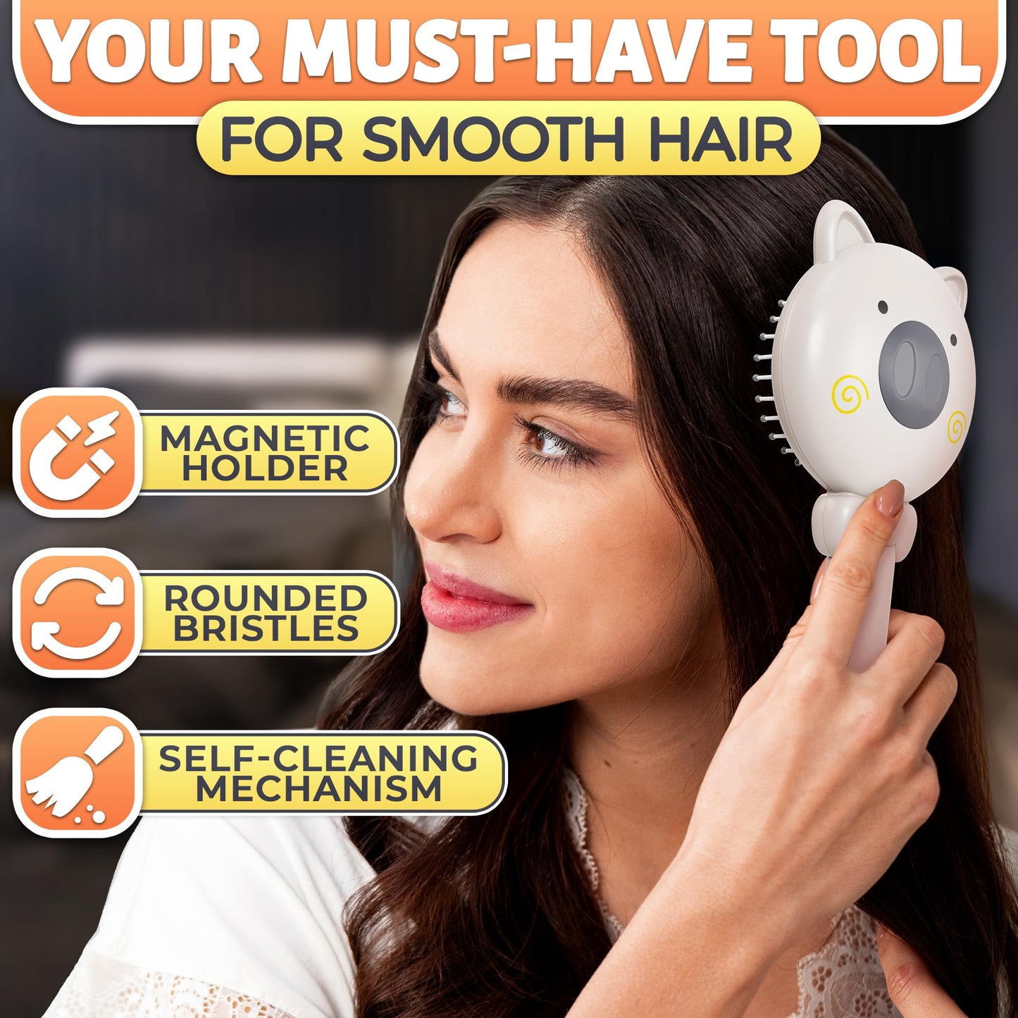 White Pig Self Cleaning Hair Brush for Women - Compact 7,87?3,66 in Retractable Hair Brush Easy Clean with Magnetic Attach - Eff