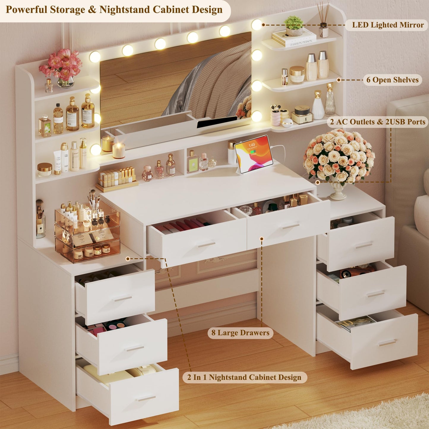HUAHUU Large Vanity Desk with Mirror & Lights, White Makeup Vanity with 8 Drawers & 6 Storage Shelves, Vanity Set with LED Lights and Power Outlet, 3 Lighting Modes, Adjustable Brightness