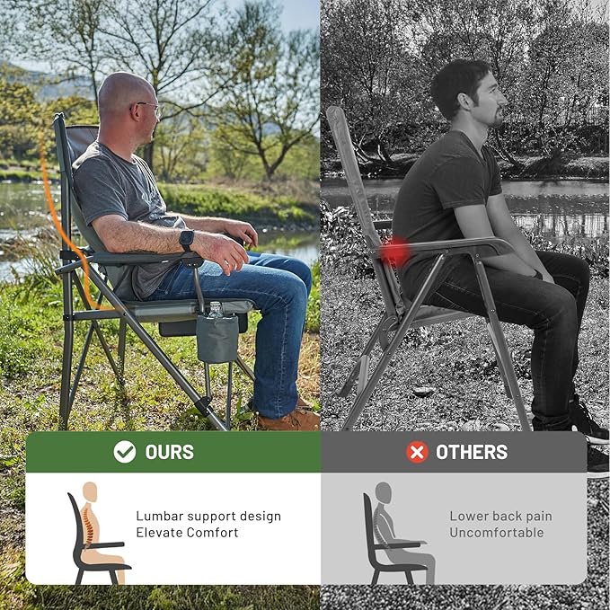 TIMBER RIDGE Oversized Folding Camping Chair with Lumbar Support Adjustable High Back Heavy Duty for Adults Support up to 500lbs with Cup Holder, Cooler Bag, Side Pocket, Grey 2 Pack