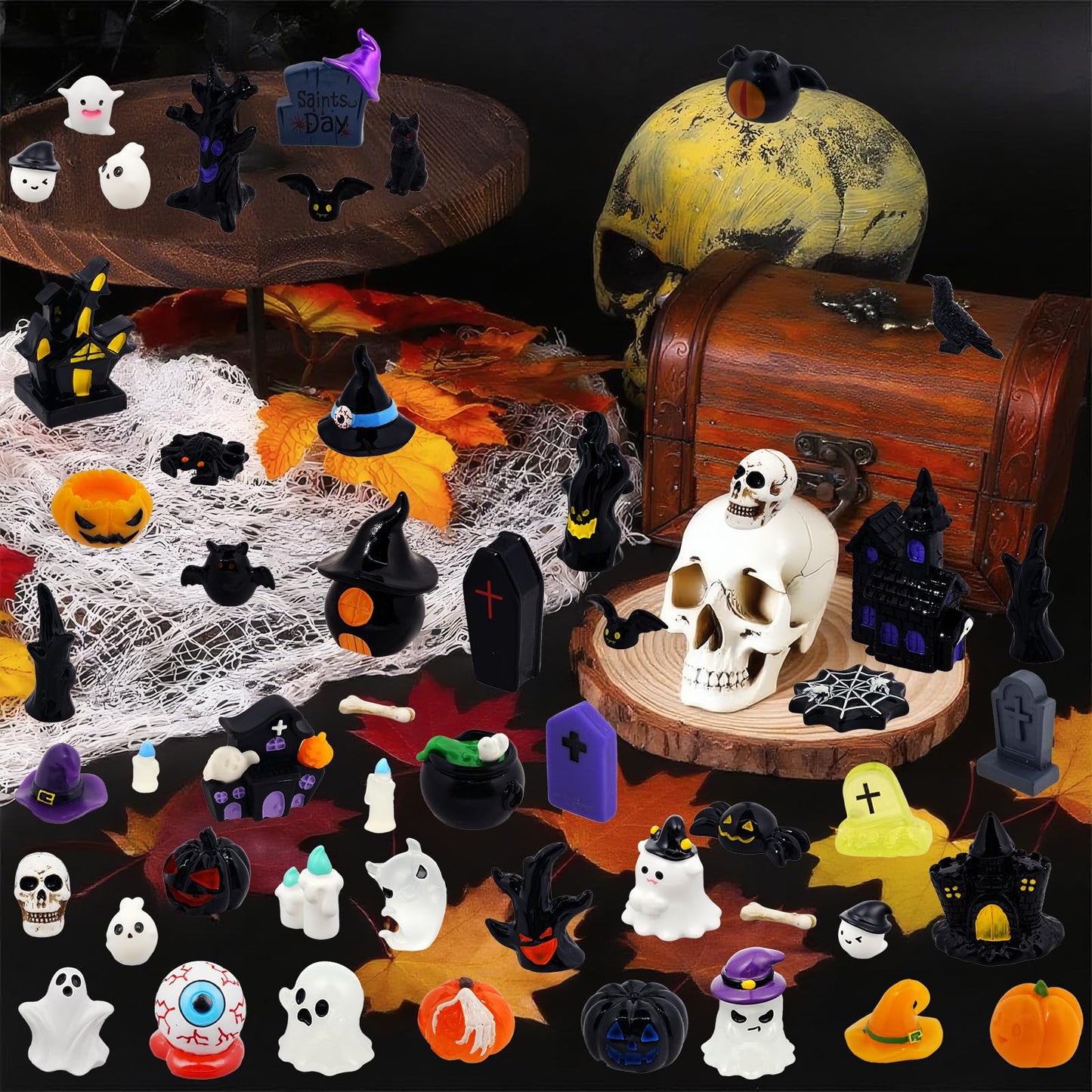 Bbiamsleep 54 Pcs Halloween Mini Resin Figurines Miniature Pumpkin Ghost Skull Tiny Resin Animals to Hide for Halloween Party Fairy Garden Decor