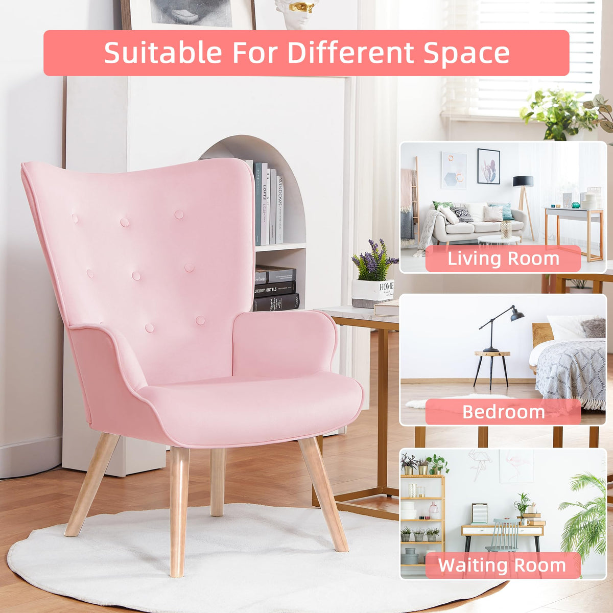 PrimeZone High Back Accent Chair - Large Mid-Century Modern Living Room Chair Reading Chair with Comfy Memory Foam Seat Cushion, Velvet Wingback Armchair for Bedroom, Corner, Pink