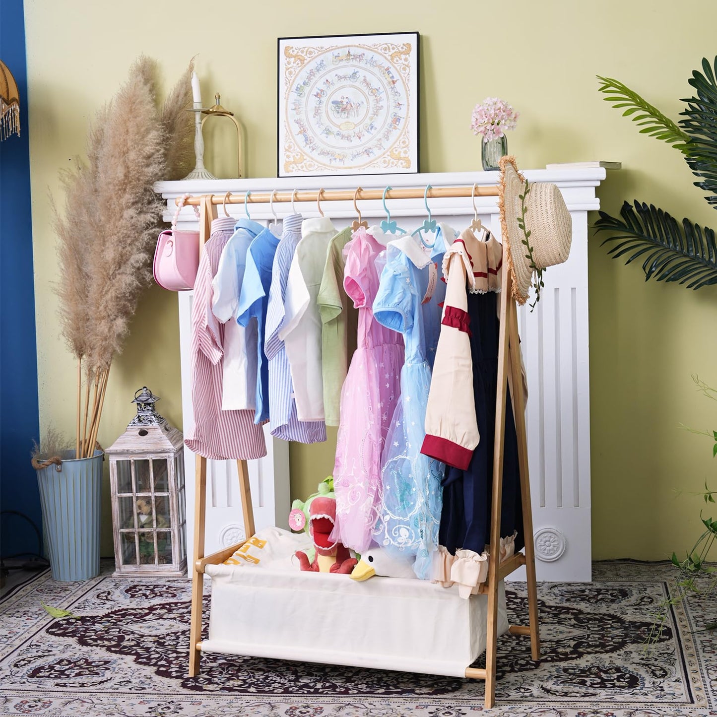 Bamboo Kids Clothing Rack with Storage Box - Foldable,Kids Dress Up Rack with Hooks & Rod, Organize Dress Up Storage & School Uniforms, Perfect for 4-13 Year Olds (Natural)