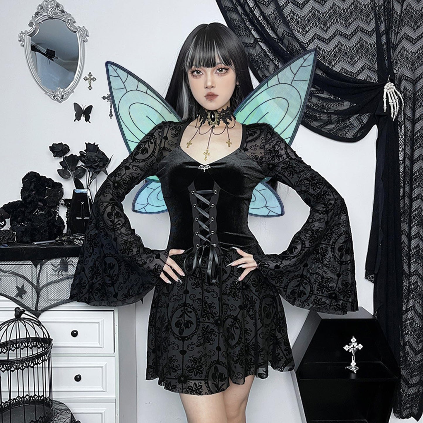 LOHZAQ Butterfly Fairy Wings Costume for Women Girl, Sparkle Princess Wing for Halloween Party Favor with Elf Ears Flower Crown (Black)