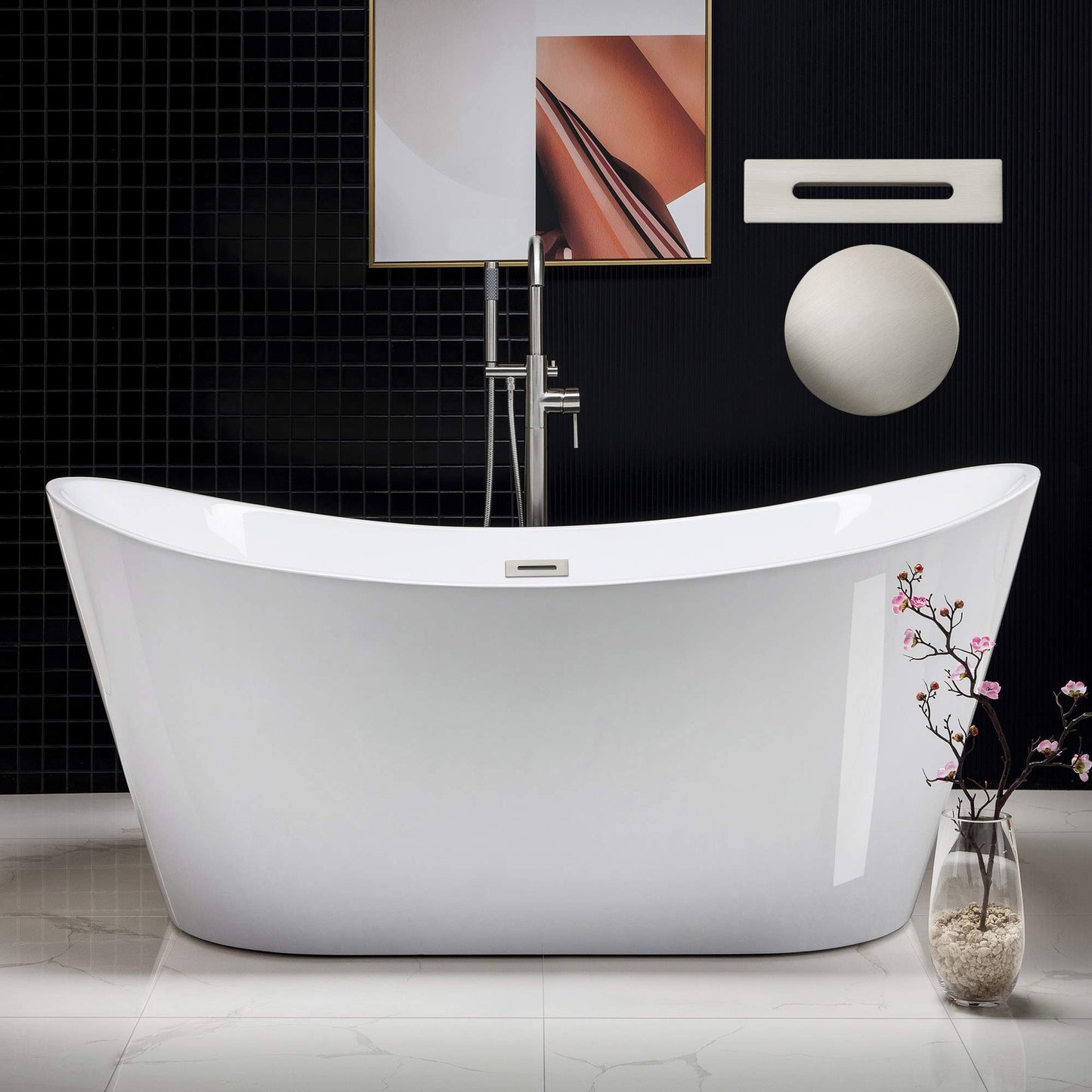 WOODBRIDGE 67" Acrylic Freestanding Bathtub Contemporary Soaking Tub, White Acrylic (Brushed Nickel Drain/Overflow),B-0010 B/N-Drain &O