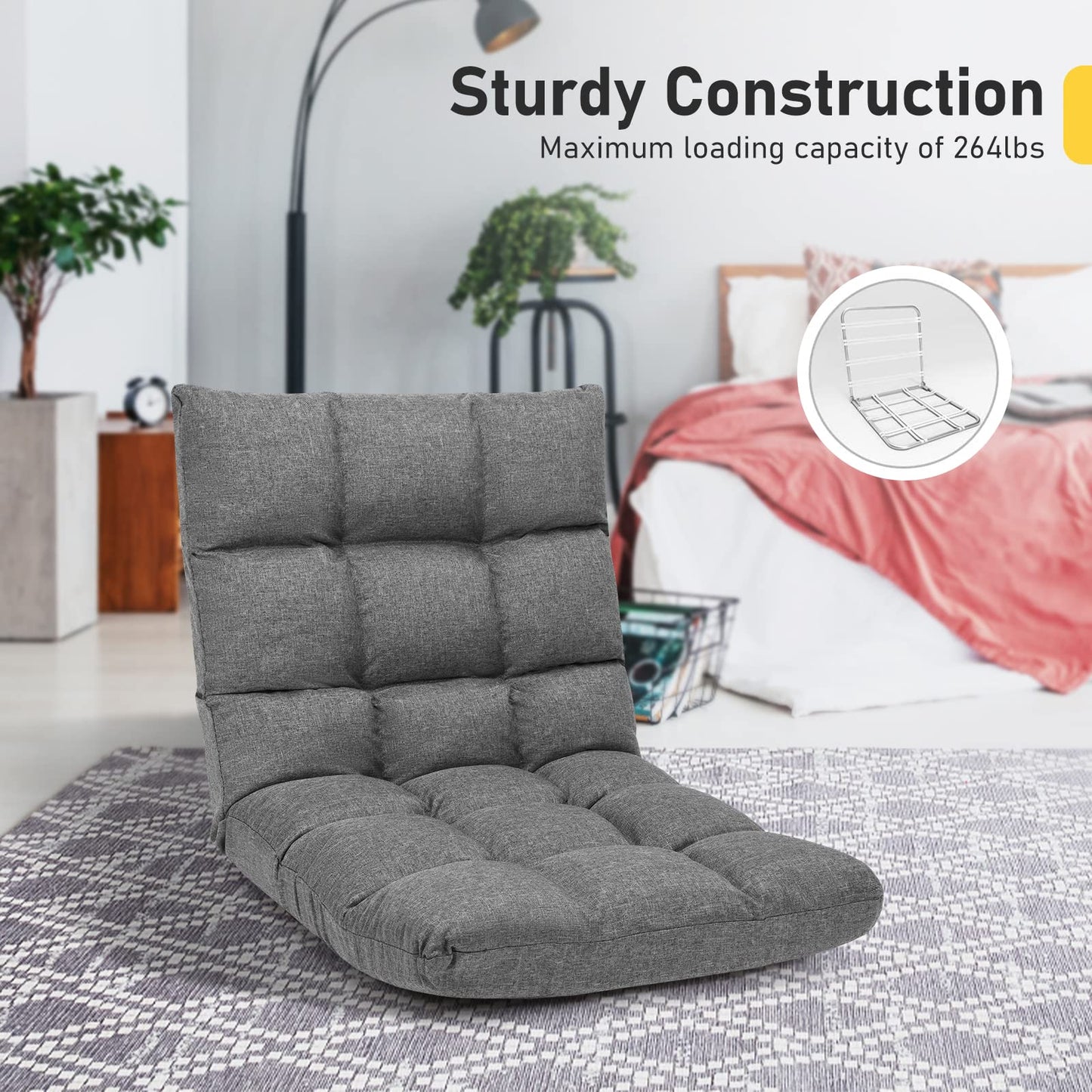 COSTWAY Floor Chair, Folding Gaming Chair with Back Support, 14 Adjustable Positions, Alloy Steel Frame, Lazy Sofa Lounge for Playing Reading Meditating Room Recliner for Adults, Kids (Gray)