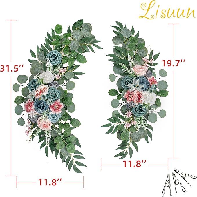Wedding Arch Flowers, Artificial Floral Decor for Wedding Ceremony & Reception, Standard Size Large Flower Swag Set for Backdrop & Welcome Sign, Pack of 2 (Pink & Blue)