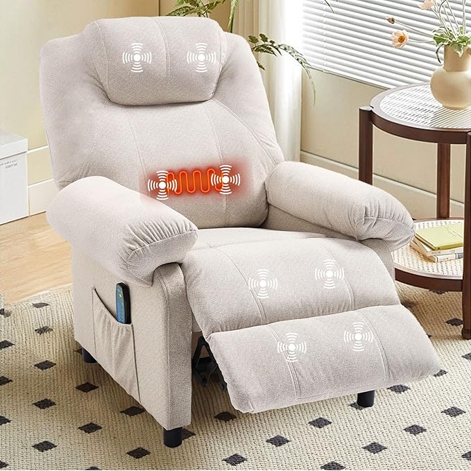 Massage Recliner Chair with Heat Small Recliners for Small Spaces Pushback Recliners Manual Reclining Chairs for Adult, Overstuffed Fabric Single Sofa with Side Pocket for Living Room,Beige