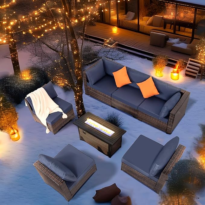 FHFO 7 Pieces Outdoor Patio Furniture Set, Wicker Sectional Sofa Set Rattan Modular Patio Conversation Sets with Cushions Couch Set & Coffee Table for Outside, Garden, Balcony, Porch, Brown-Blue
