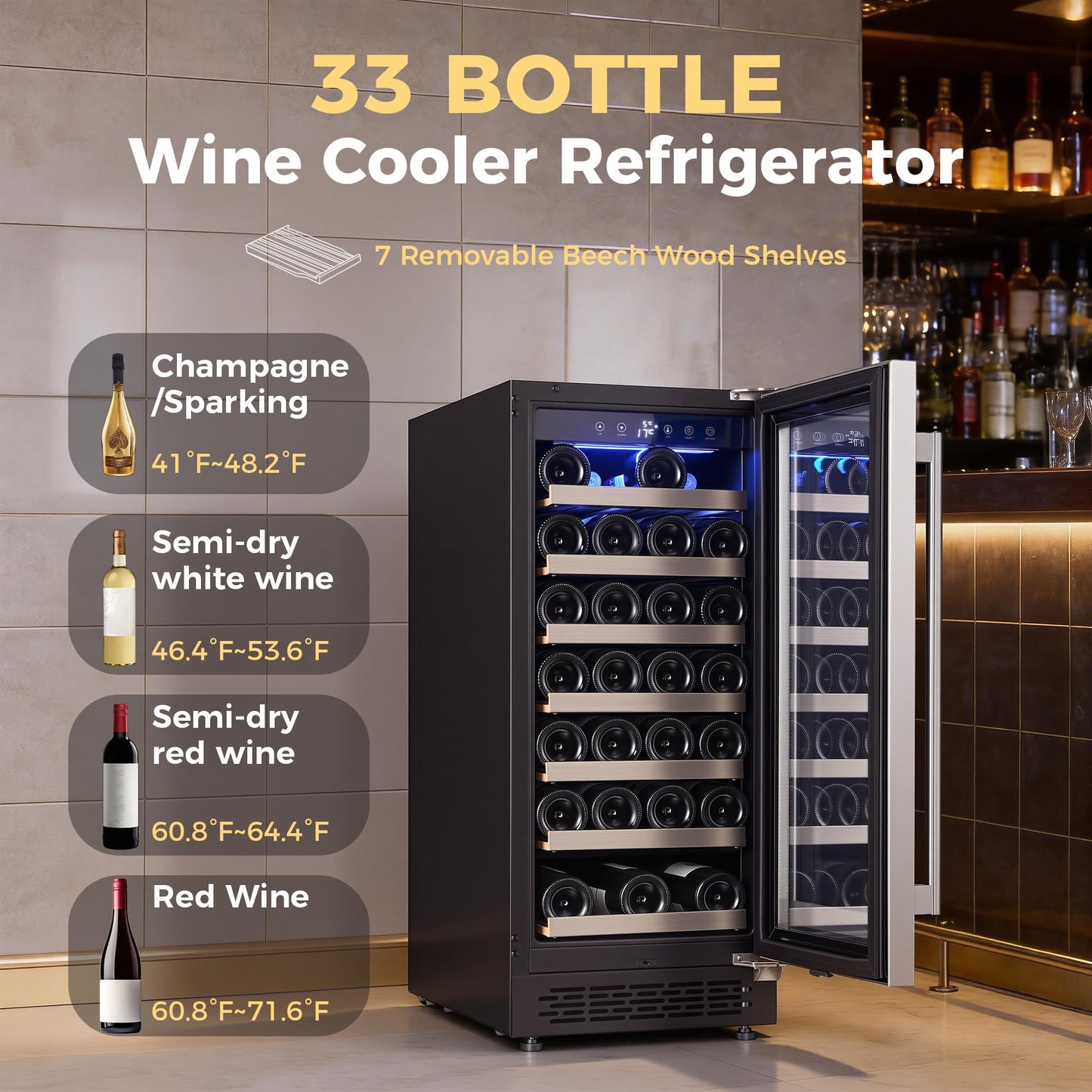 Iceblue Wine Fridge, 33 Bottles Wine Cooler Refrigerator, 41℉-72℉ Adjust Temperature Mini Fridge, Built-in Wine Refrigerator, Freestanding Beverage Refrigerator for Home, Office, Bar, Gift - Silver