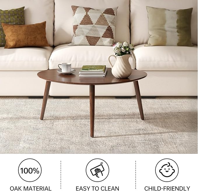 Vadisun Small Oval Coffee Table, 33.5" Mid Century Modern Coffee Table for Living Room, 100% Solid Oak Wood Side Table, Minimalist Display Center Table (Walnut Color, 33.46''Wx22.83''Dx15.74''H)