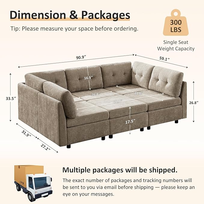 VANOMi 5 Seater Modular Sectional Sofa, Convertible Modular Cloud Sofa Bed with Ottoman, Comfy Chenille Sofas & Couches for Living Room, Apartment, Office, Beige, Sofa Bed