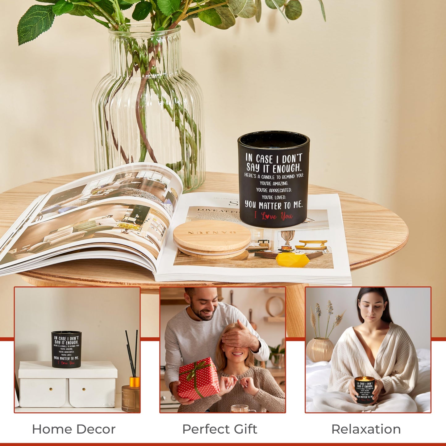 DANJUN Mother's Day Candle - Anniversary or Wedding Gift for Women - Romantic Gifts for Girlfriend & Boyfriend - Wooden Base & Gift Box Included - Vanilla & Lavender Scented - 10oz