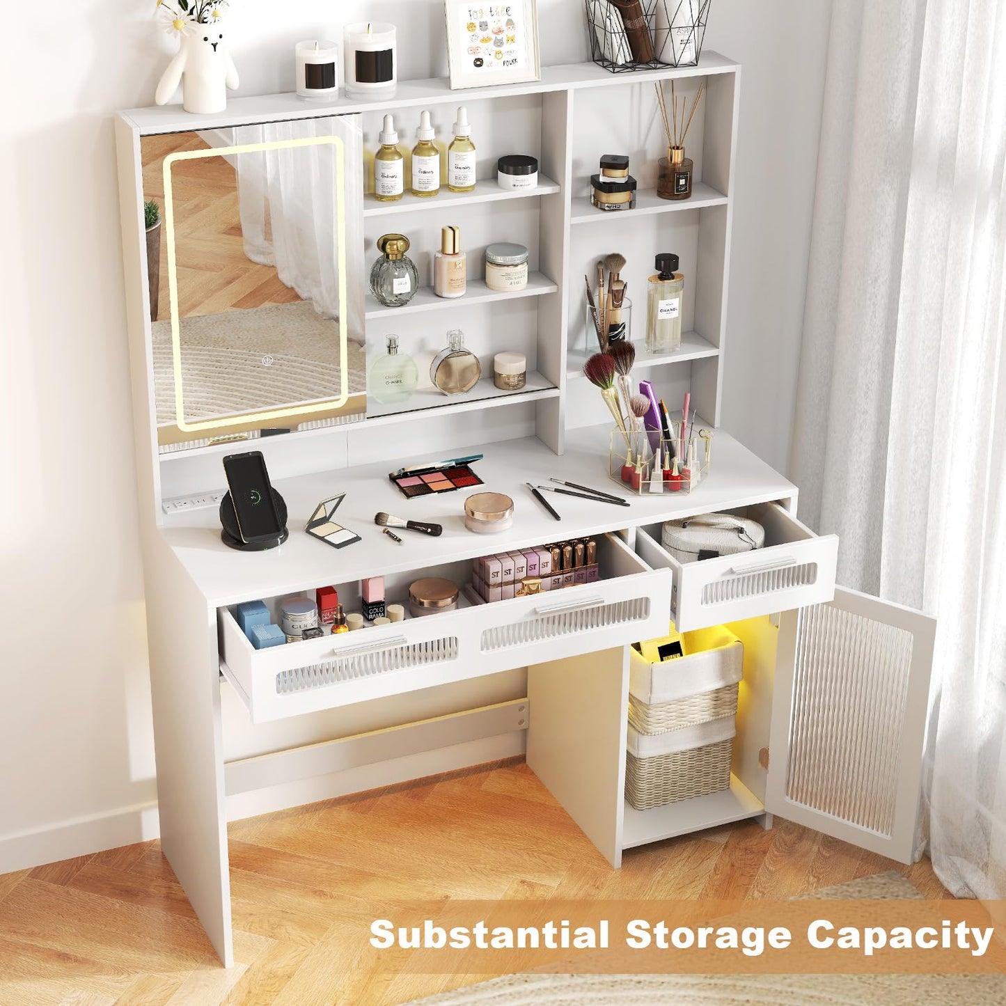 Hadulcet White Vanity Desk with Mirror and Lights, LED Vanity with Power Outlet, Makeup Vanity with 2 Drawers, 10 Storage Shelves and Acrylic Door Cabinet for Bedroom Dressing Room, 43”
