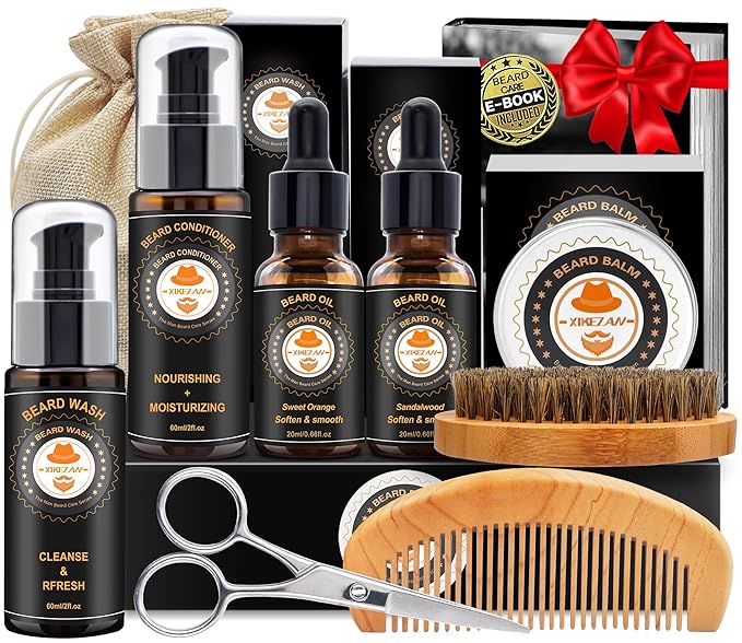 XIKEZAN Beard Kit for Men Grooming & Care w/Beard Conditioner, Wash, Oil, Balm, Brush, Comb,Birthday Fathers Valentines Gi...