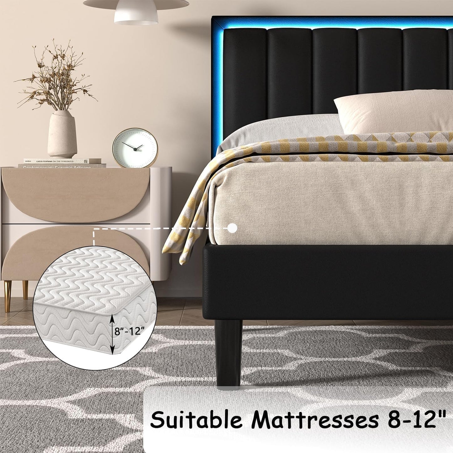 IMMERSTABLE Queen Bed Frames with LED Lights, Upholstered Bed Frame Queen, Queen Bed Frame with Headboard, No Box Spring Needed, Noise-Free, Easy Assembly, Black