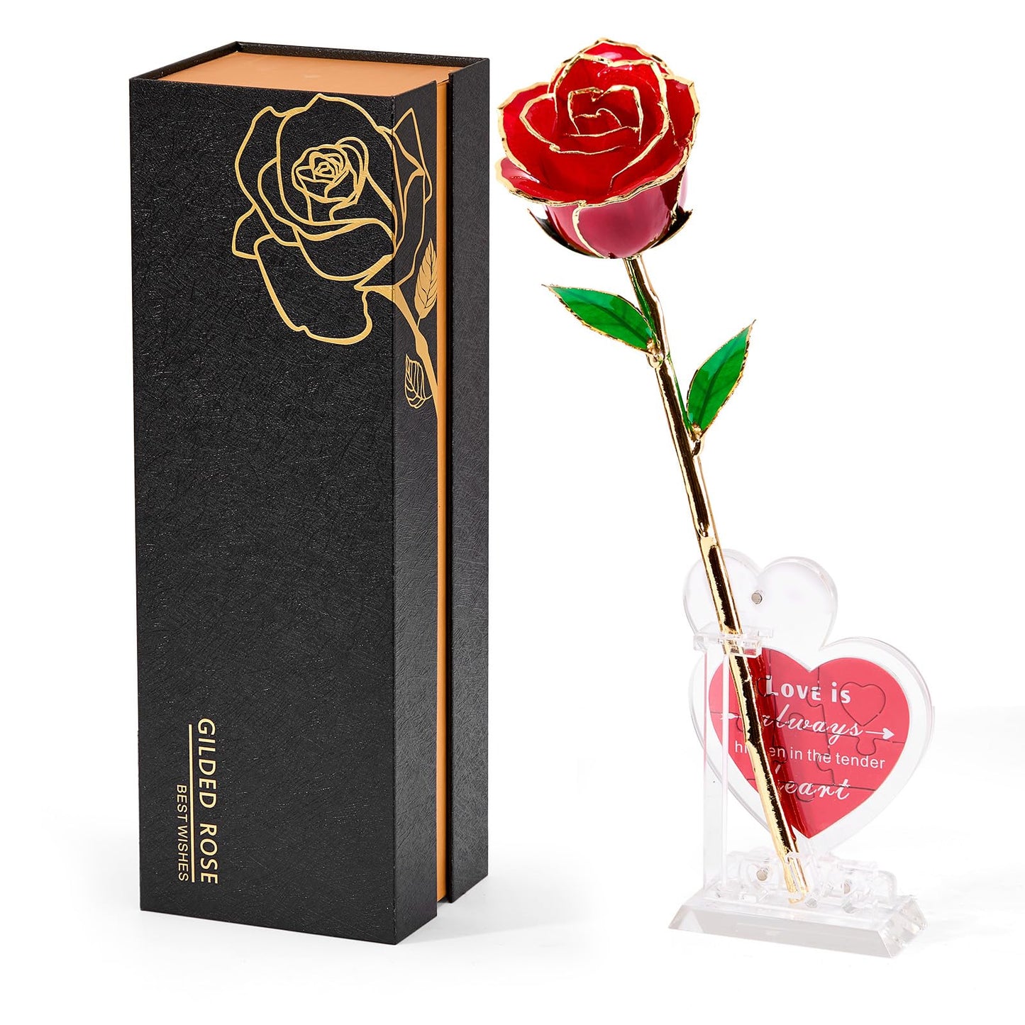 Mikasol Real 24K Gold Dipped Realistic Rose – Timeless Lifelike Bloom with Heart Puzzle Base – Romantic Red Flower Gift for Her, Wife, Girlfriend, Mom – Birthday, Anniversary, Mother’s Day (Red)