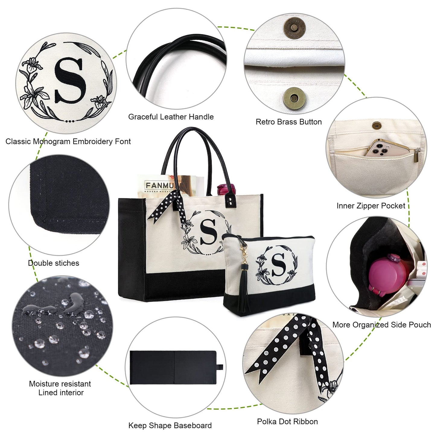 BeeGreen Birthday Gifts Personalized Women's Large White and Black Canvas Tote Bag, Embroidered Initials, Leather Handle, Zipper Closure