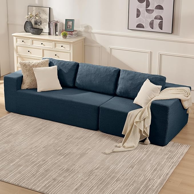Furnify 106" 3-Seater Sofa, Cloud Modular Sofa with Certified Foam, Upholstered Floor Sofa with Deep Seat, Upholstered Sofa for Bedroom Living Room, No Assembly Required (Teddy Boucle, Blue)
