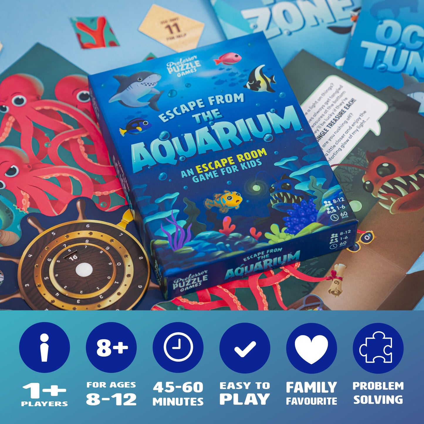 Professor Puzzle: Escape from The Aquarium - Escape Room Game, 11 Logic-Number-Observational Puzzles, Co-Op Underwater Adventure, Kids 8+, 1-6 Players